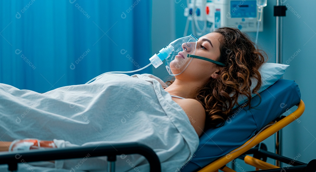 Mulher jovem sofrendo de bronquite em um hospital