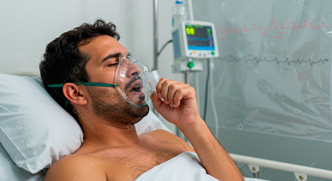 Homem jovem sofrendo de bronquite em um hospital