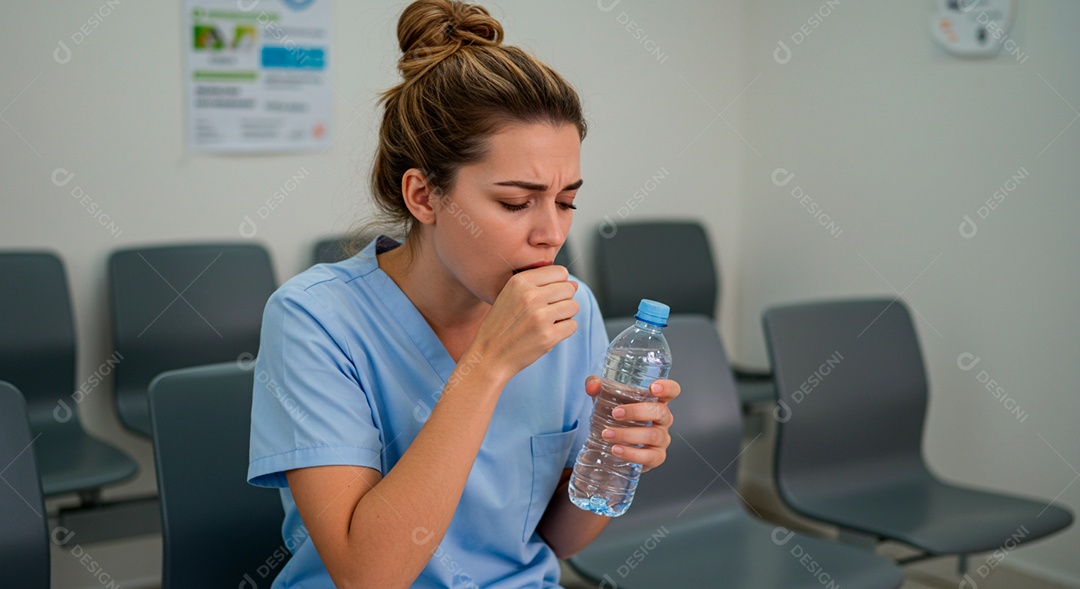 Mulher jovem sofrendo de bronquite em um hospital