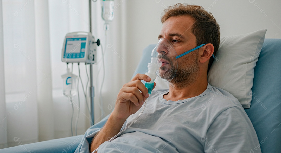 Homem jovem sofrendo de bronquite em um hospital