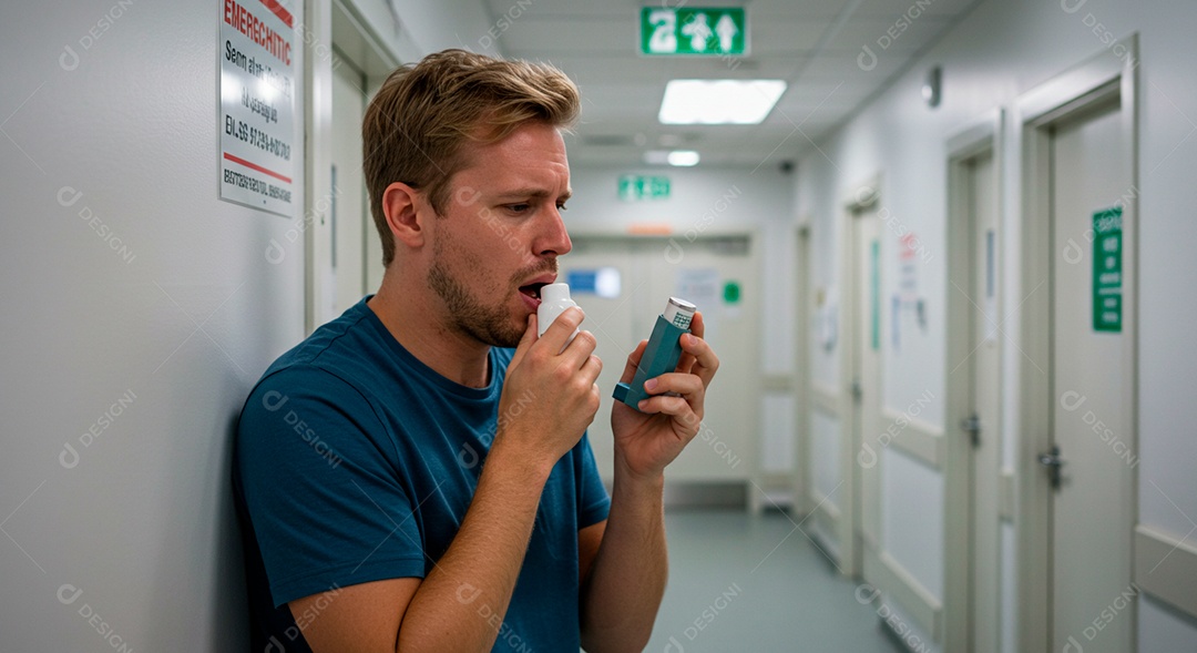 Homem jovem sofrendo de bronquite em um hospital
