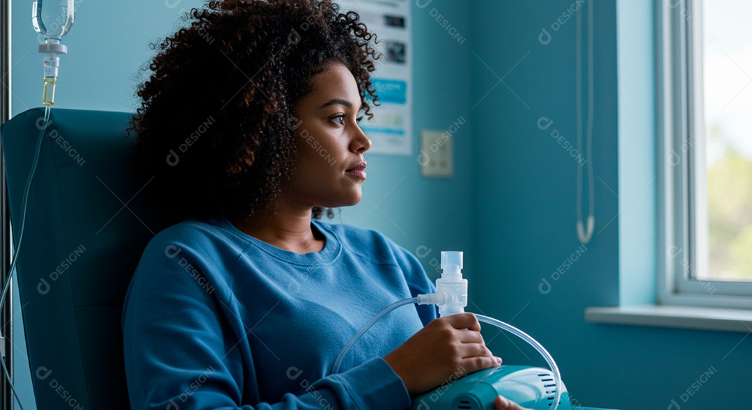 Mulher jovem sofrendo de bronquite em um hospital