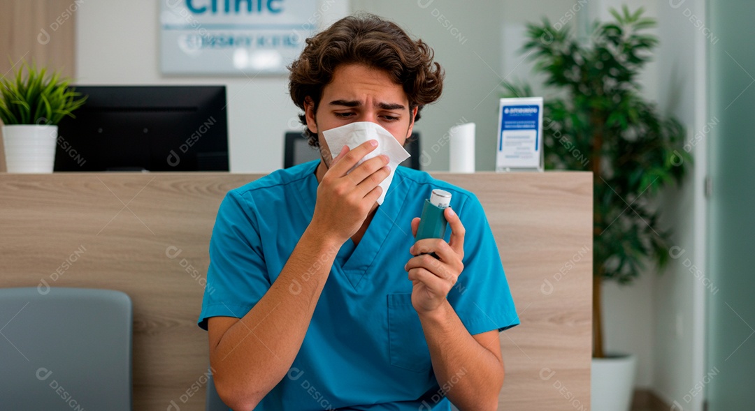 Homem jovem sofrendo de bronquite em um hospital