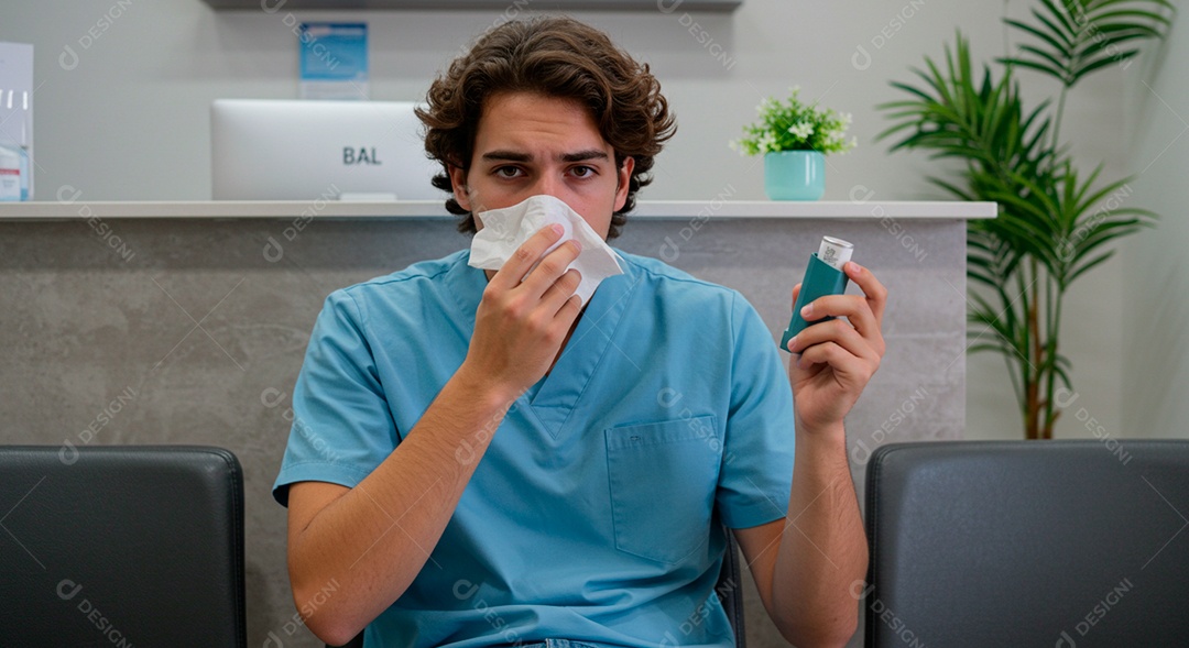 Homem jovem sofrendo de bronquite em um hospital