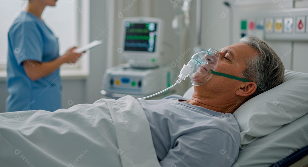 Homem jovem sofrendo de bronquite em um hospital