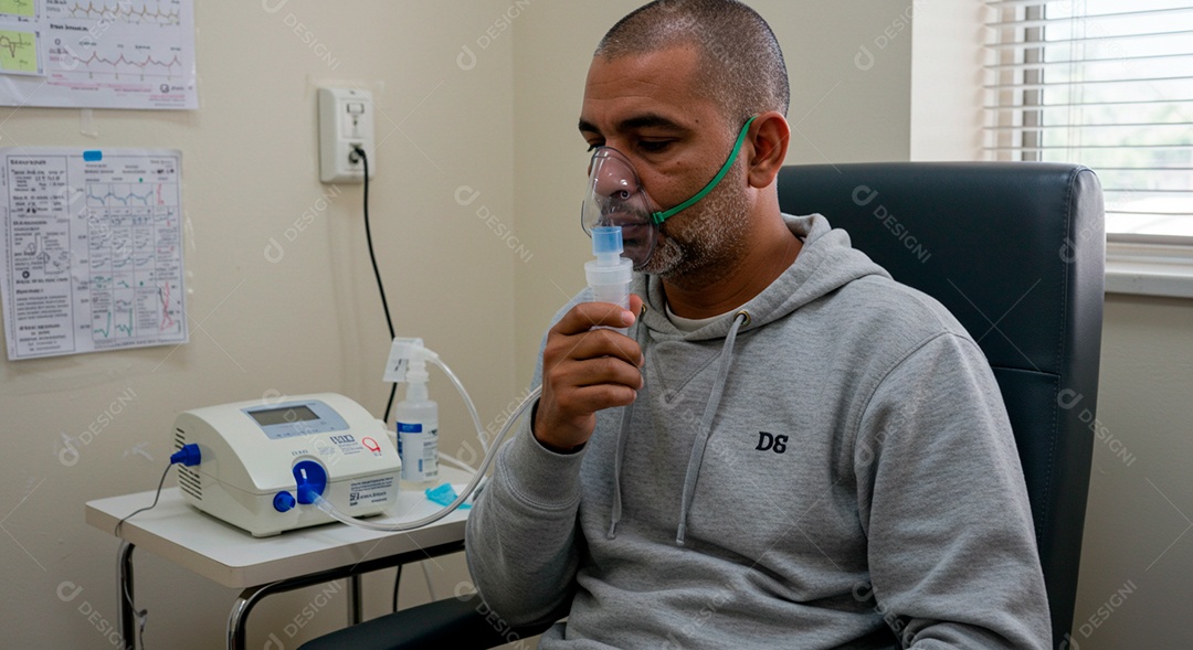 Homem jovem sofrendo de bronquite em um hospital