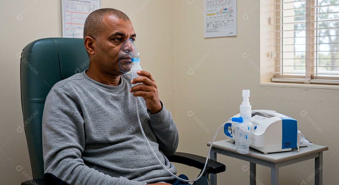 Homem jovem sofrendo de bronquite em um hospital