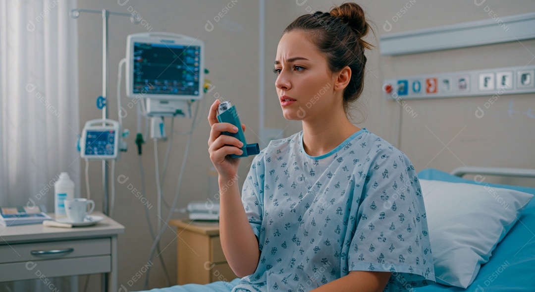 Mulher jovem sofrendo de bronquite em um hospital