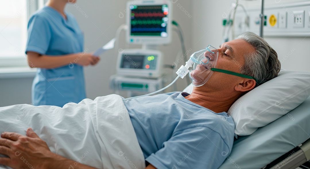 Enfermeira jovem cuidando de seu paciente de bronquite em um hospital