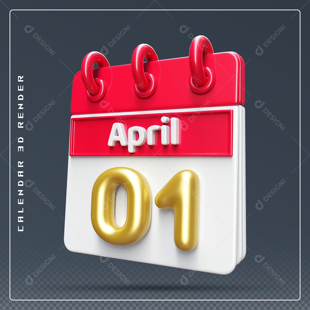 Elemento 3D Calendário Mês de Abril dia 01 Vermelho e Branco Para Composição PSD
