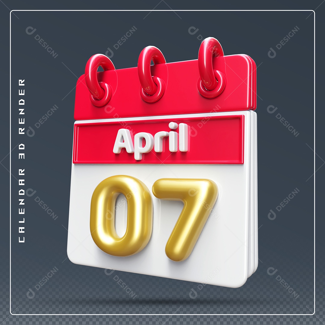 Elemento 3D Calendário Mês de Abril dia 07 Vermelho e Branco Para Composição PSD