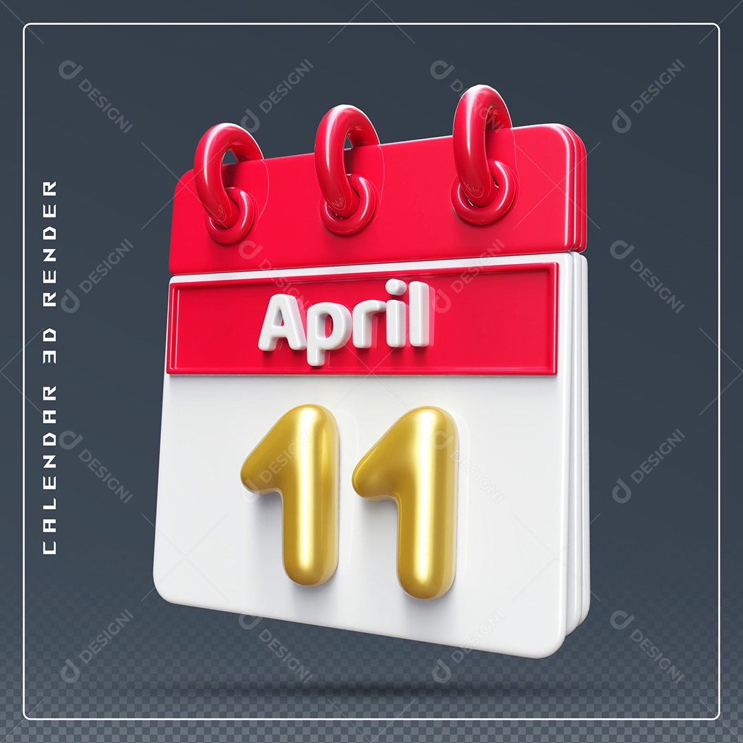 Elemento 3D Calendário Mês de Abril dia 11 Vermelho e Branco Para Composição PSD