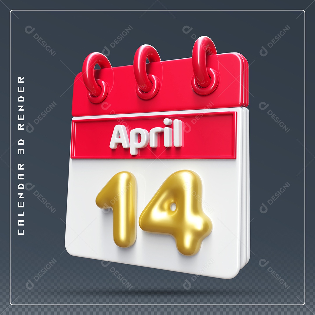 Elemento 3D Calendário Mês de Abril dia 14 Vermelho e Branco Para Composição PSD
