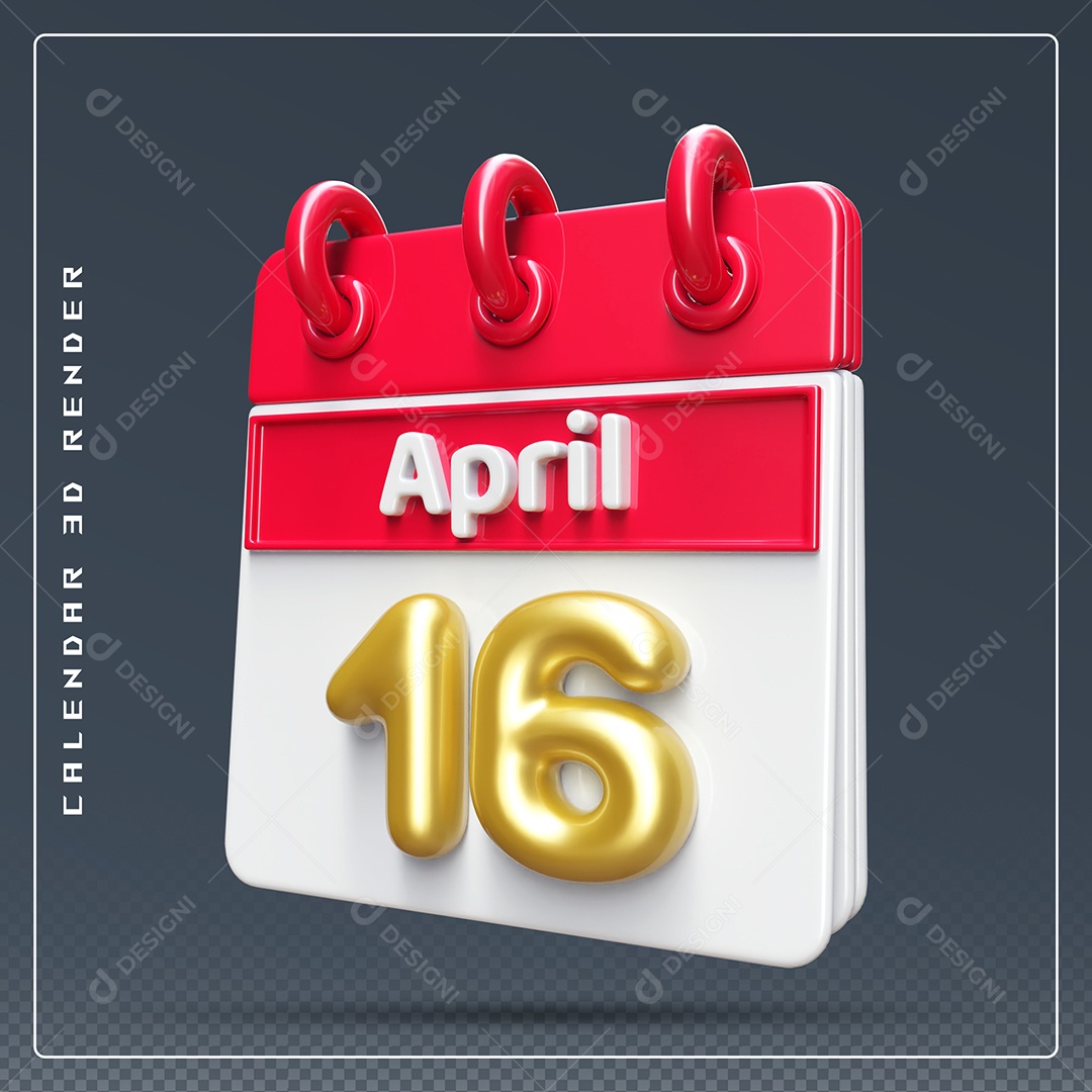 Elemento 3D Calendário Mês de Abril dia 16 Vermelho e Branco Para Composição PSD