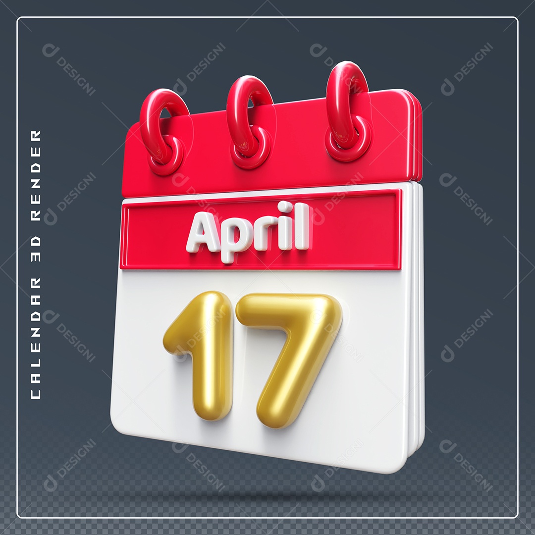 Elemento 3D Calendário Mês de Abril dia 17 Vermelho e Branco Para Composição PSD