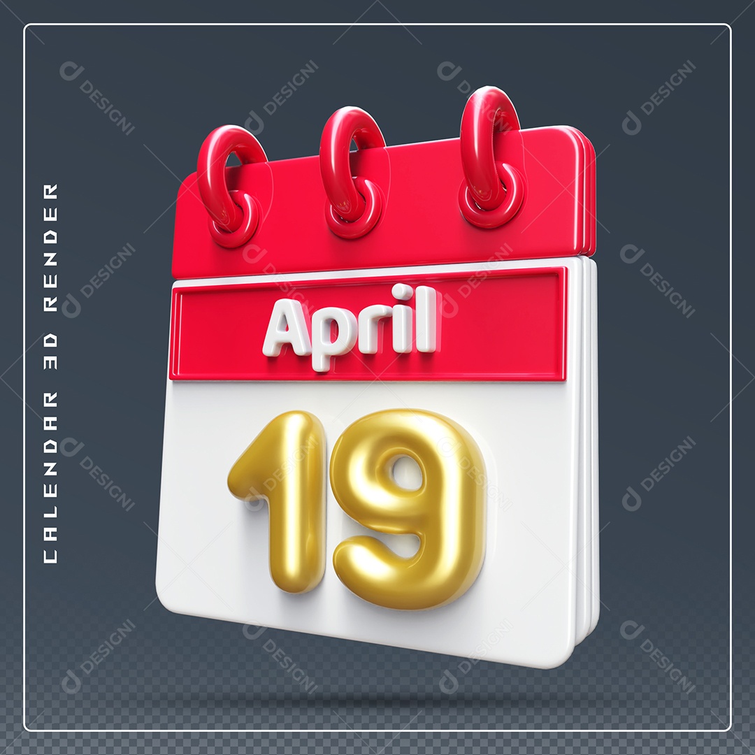 Elemento 3D Calendário Mês de Abril dia 19 Vermelho e Branco Para Composição PSD