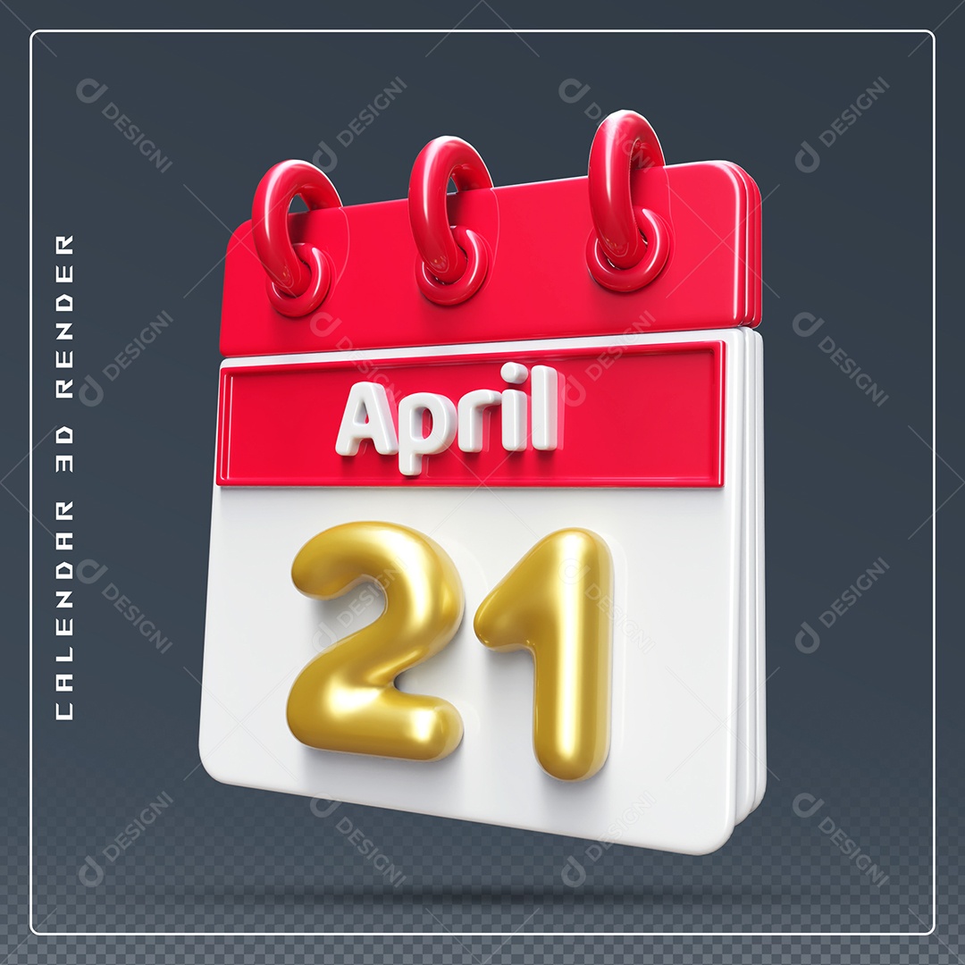 Elemento 3D Calendário Mês de Abril dia 21 Vermelho e Branco Para Composição PSD
