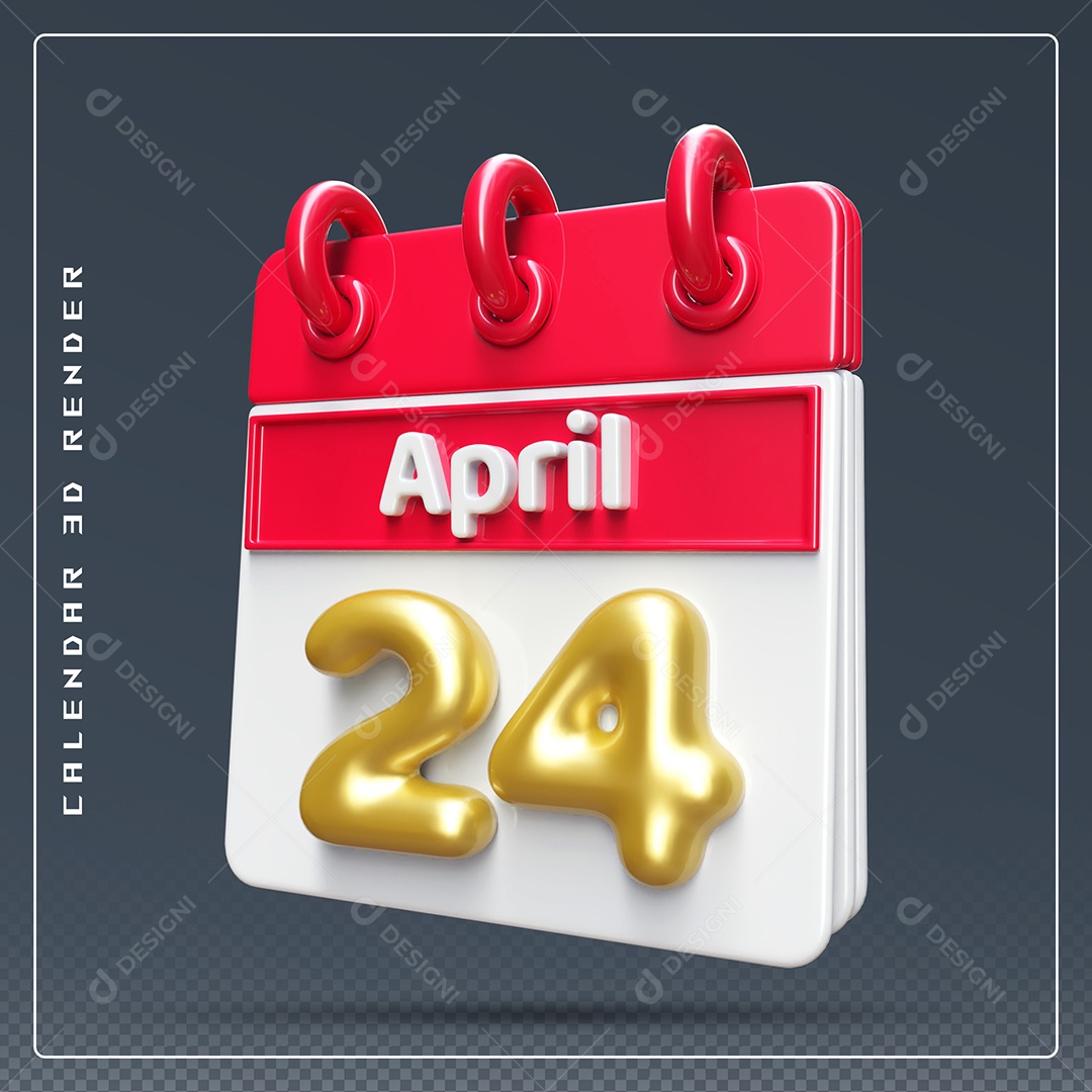 Elemento 3D Calendário Mês de Abril dia 24 Vermelho e Branco Para Composição PSD