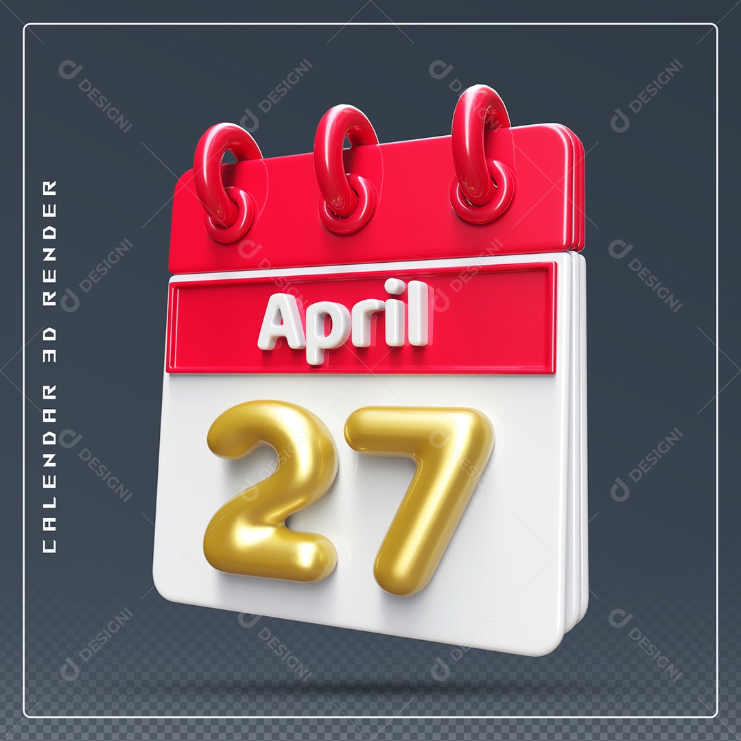 Elemento 3D Calendário Mês de Abril dia 27 Vermelho e Branco Para Composição PSD