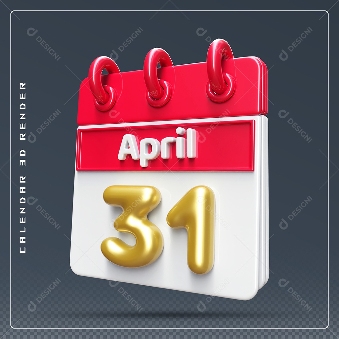 Elemento 3D Calendário Mês de Abril dia 31 Vermelho e Branco Para Composição PSD