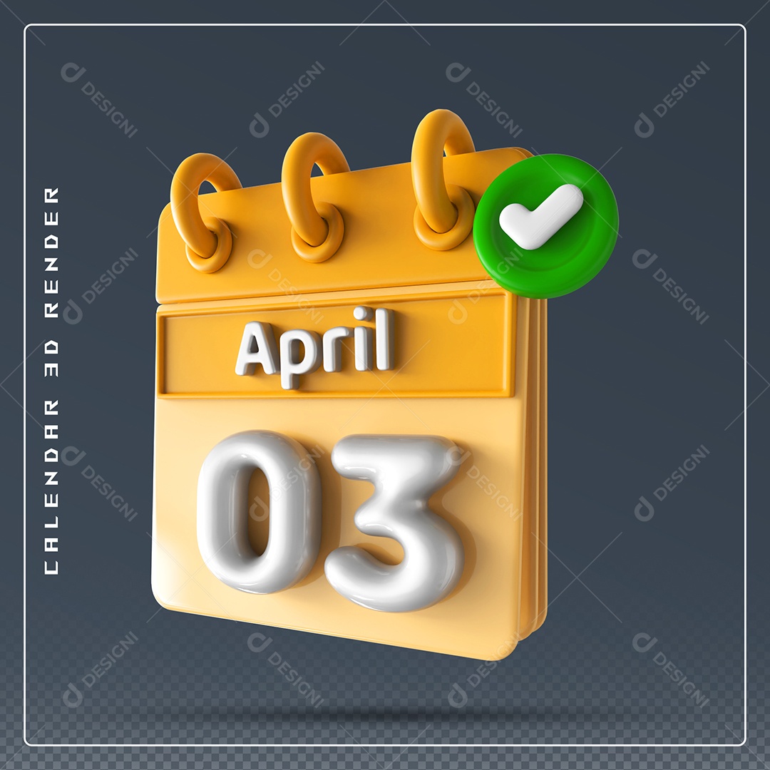 Elemento 3D Calendário Mês de Abril dia 03 Amarelo e Branco Para Composição PSD