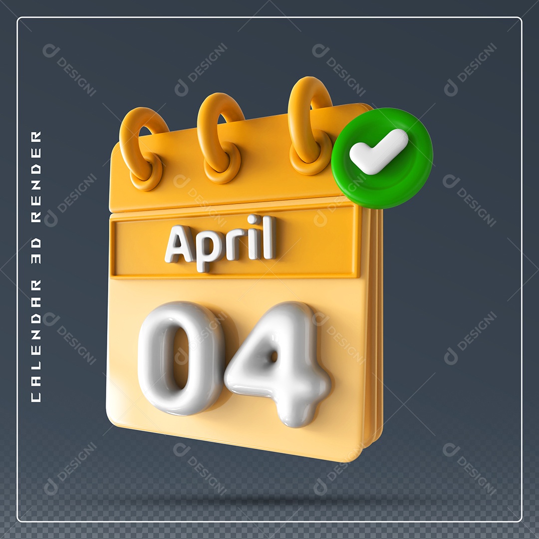 Elemento 3D Calendário Mês de Abril dia 04 Amarelo e Branco Para Composição PSD