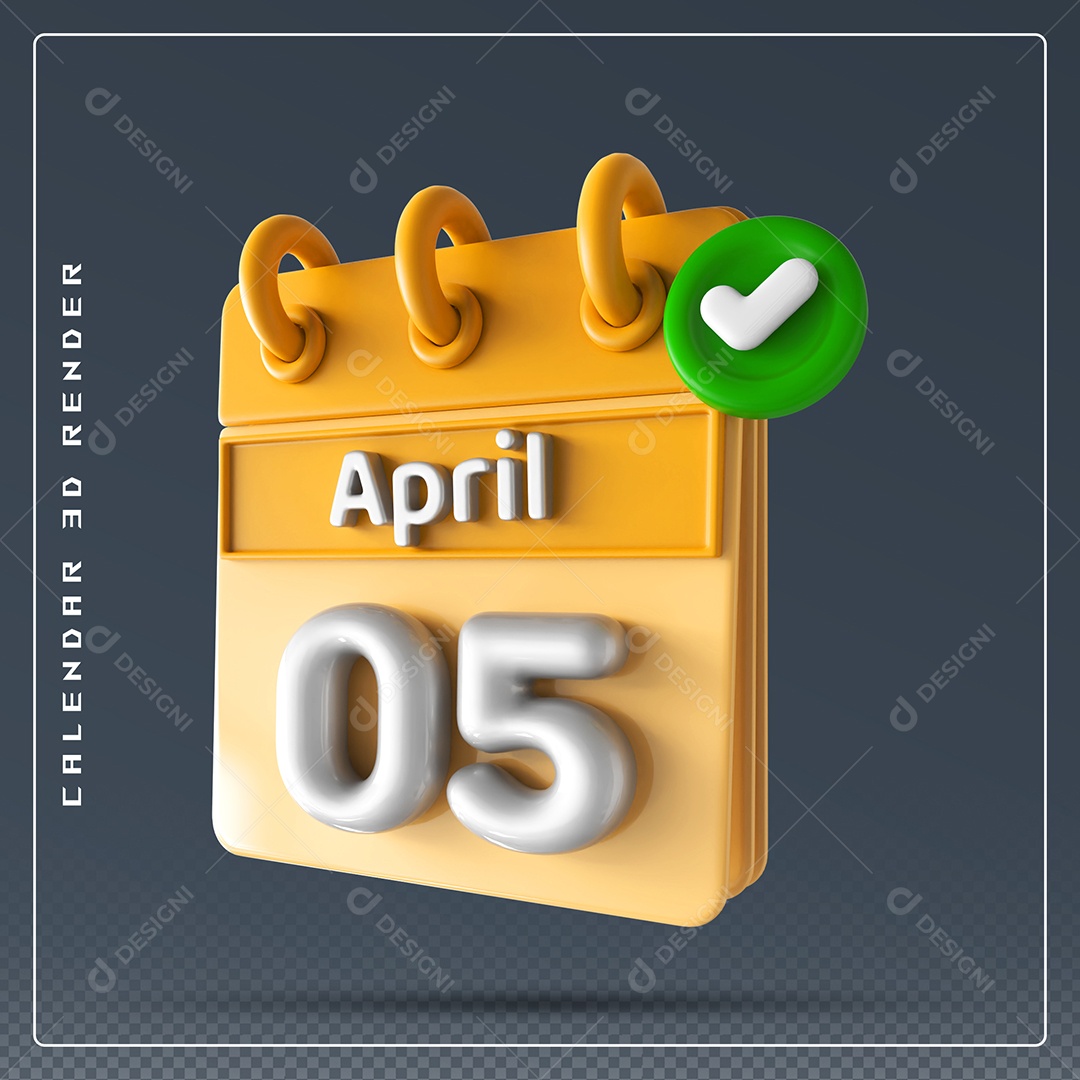 Elemento 3D Calendário Mês de Abril dia 05 Amarelo e Branco Para Composição PSD