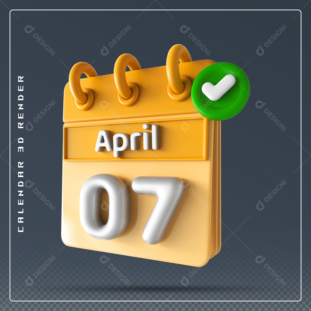 Elemento 3D Calendário Mês de Abril dia 07 Amarelo e Branco Para Composição PSD