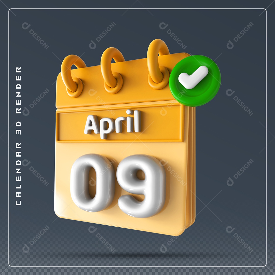 Elemento 3D Calendário Mês de Abril dia 09 Amarelo e Branco Para Composição PSD
