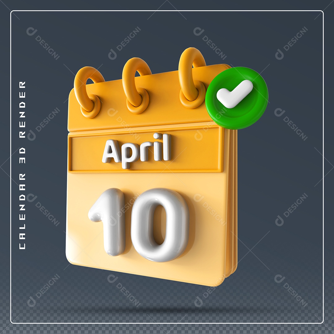 Elemento 3D Calendário Mês de Abril dia 10 Amarelo e Branco Para Composição PSD