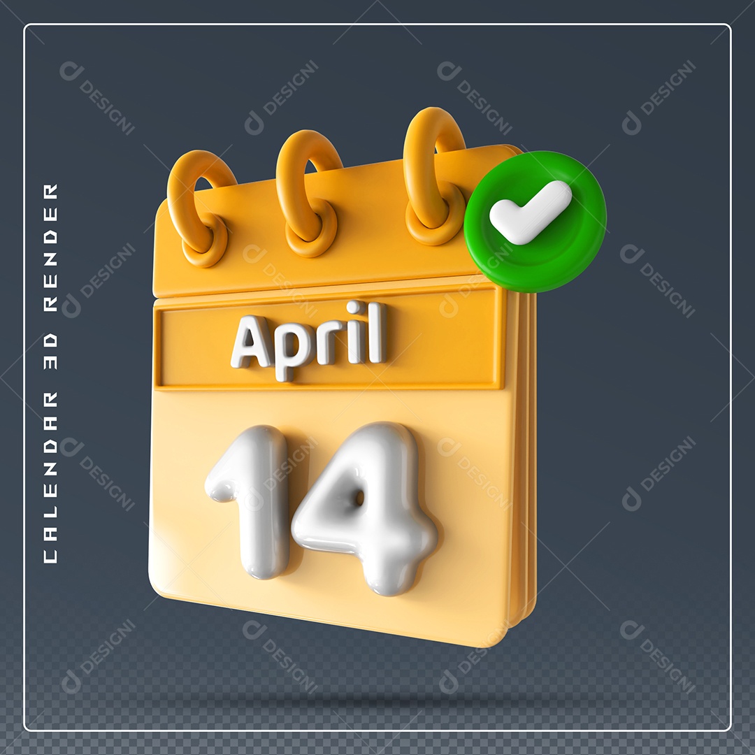 Elemento 3D Calendário Mês de Abril dia 14 Amarelo e Branco Para Composição PSD