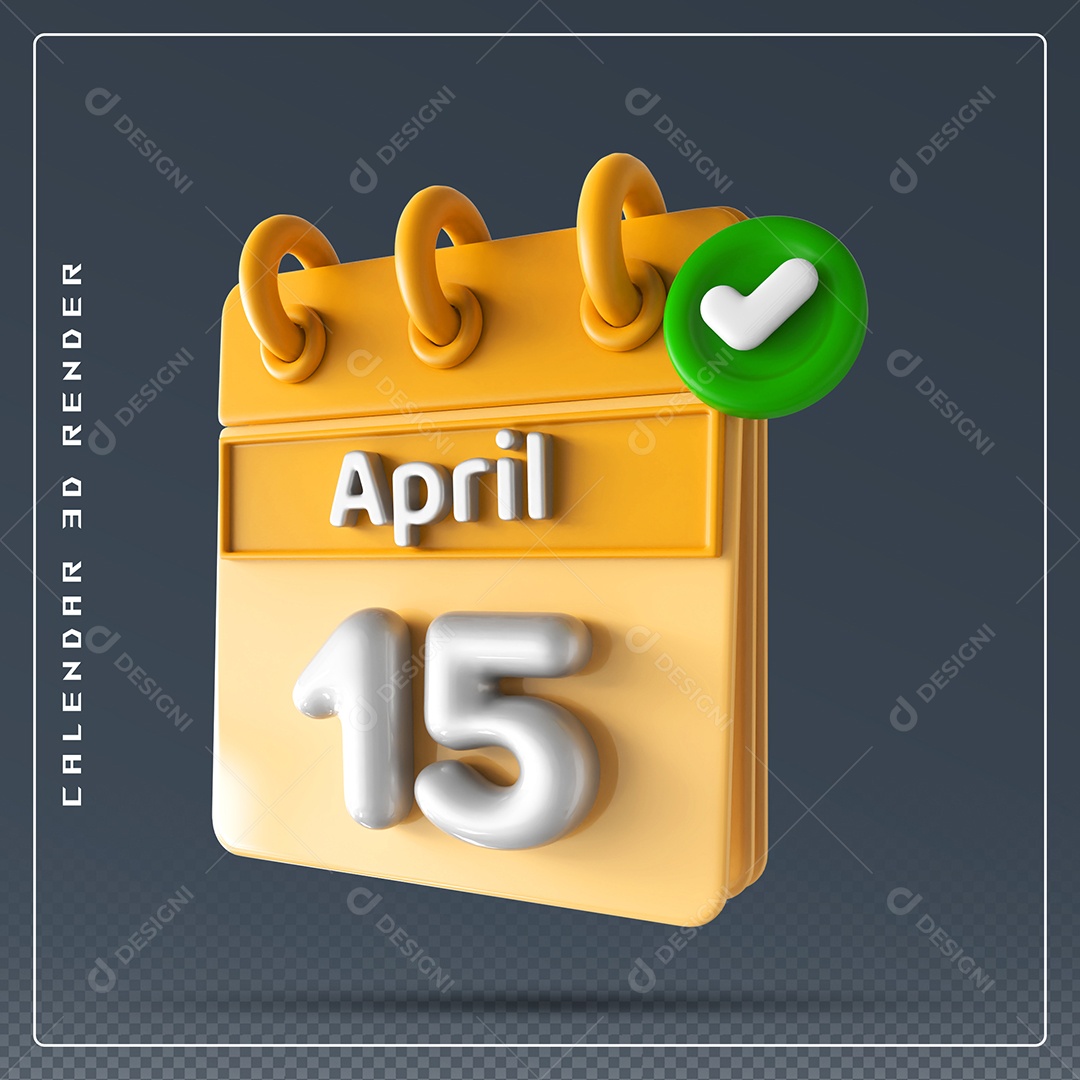 Elemento 3D Calendário Mês de Abril dia 15 Amarelo e Branco Para Composição PSD