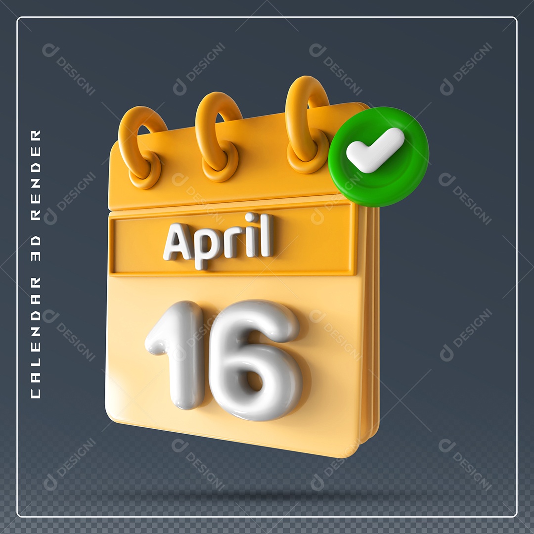 Elemento 3D Calendário Mês de Abril dia 16 Amarelo e Branco Para Composição PSD
