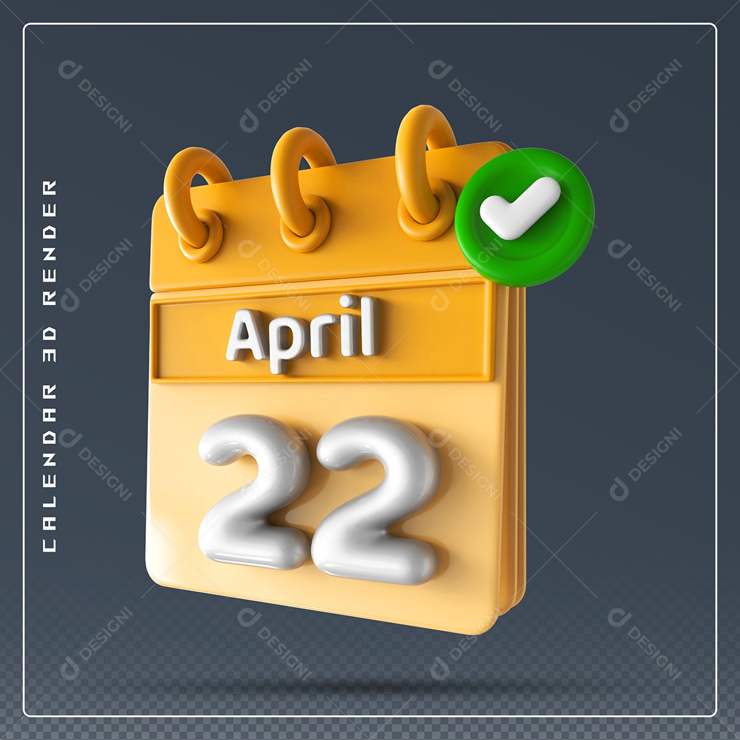 Elemento 3D Calendário Mês de Abril dia 22 Amarelo e Branco Para Composição PSD