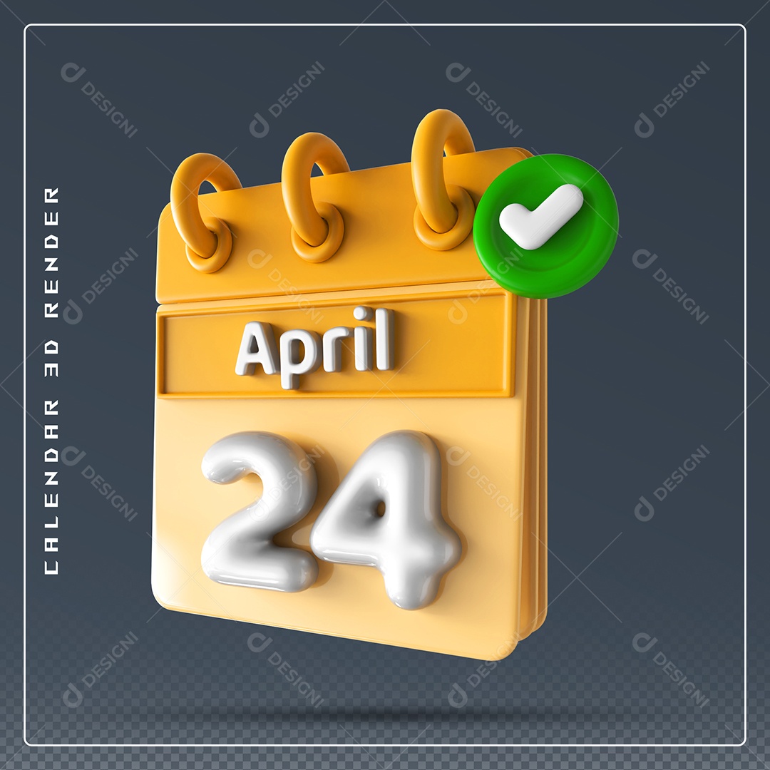 Elemento 3D Calendário Mês de Abril dia 24  Amarelo e Branco Para Composição PSD