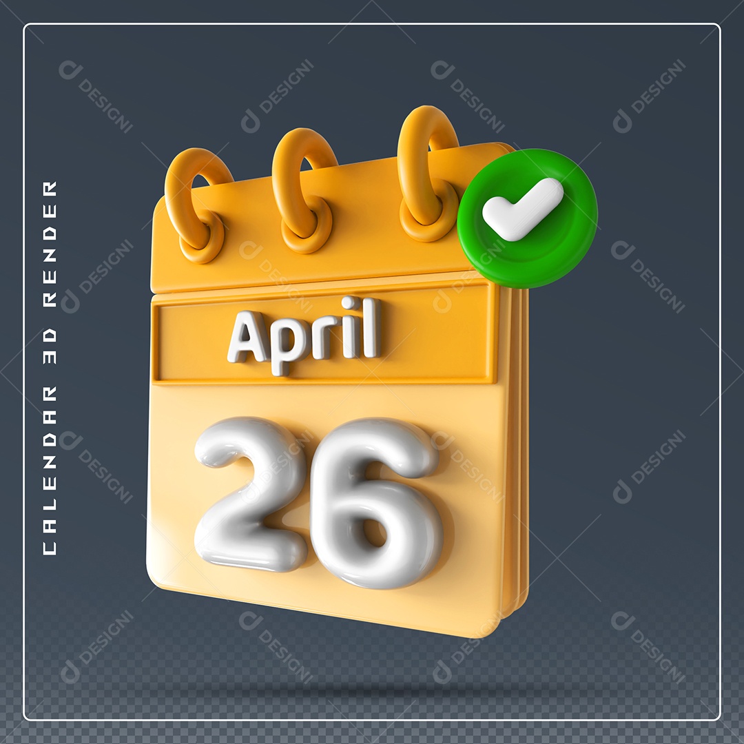 Elemento 3D Calendário Mês de Abril dia 26 Amarelo e Branco Para Composição PSD