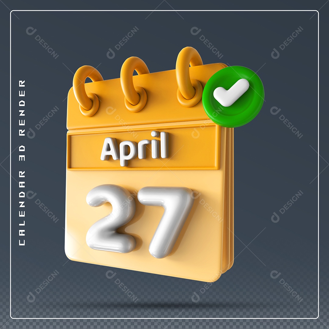 Elemento 3D Calendário Mês de Abril dia 27 Amarelo e Branco Para Composição PSD