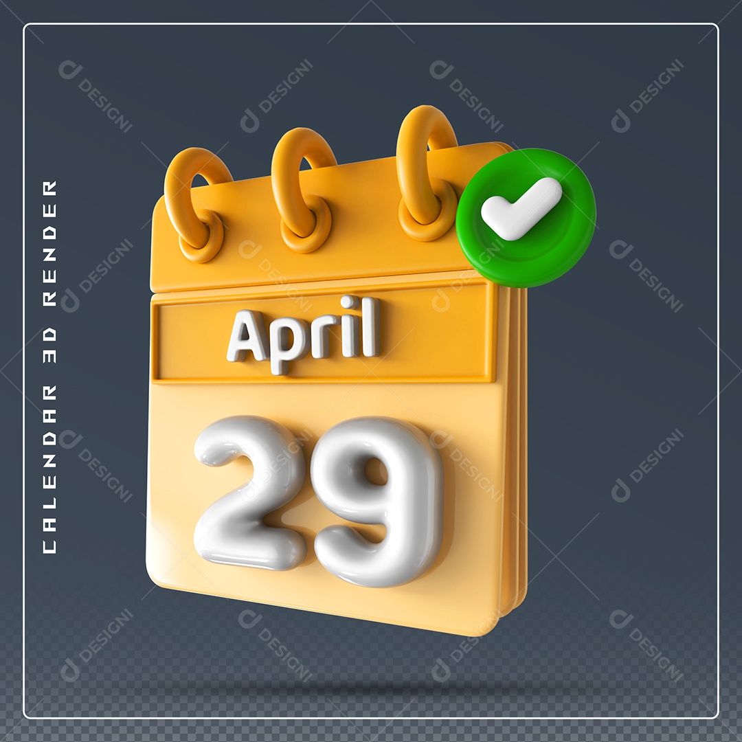 Elemento 3D Calendário Mês de Abril dia 29 Amarelo e Branco Para Composição PSD
