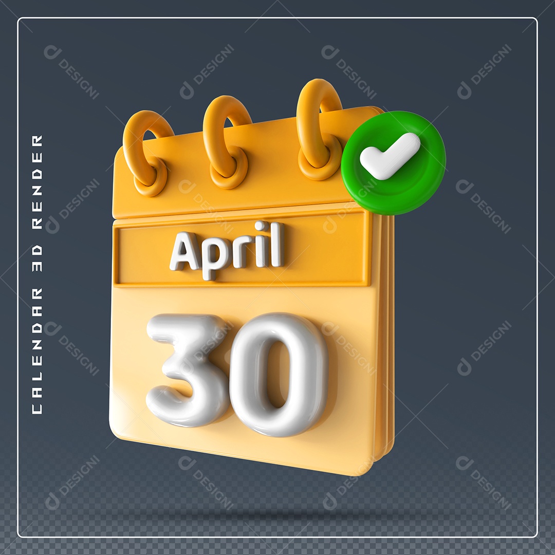 Elemento 3D Calendário Mês de Abril dia 30 Amarelo e Branco Para Composição PSD