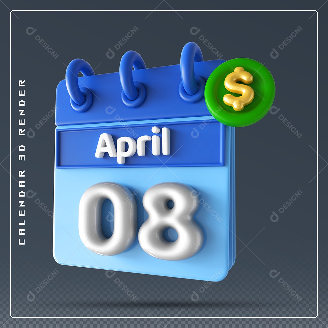 Elemento 3D Calendário Mês de Abril dia 08 Azul e Branco Para Composição PSD