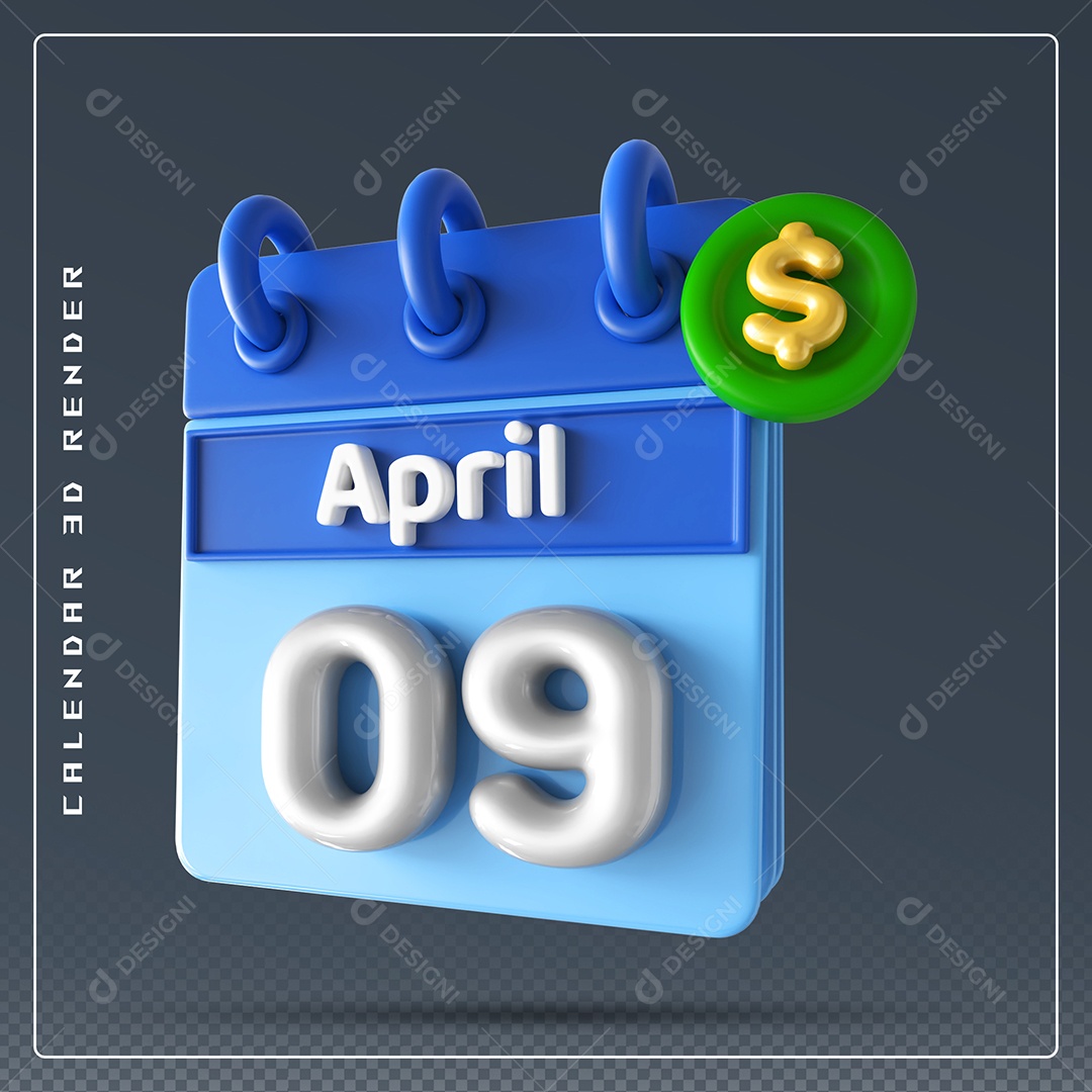 Elemento 3D Calendário Mês de Abril dia 09 Azul e Branco Para Composição PSD