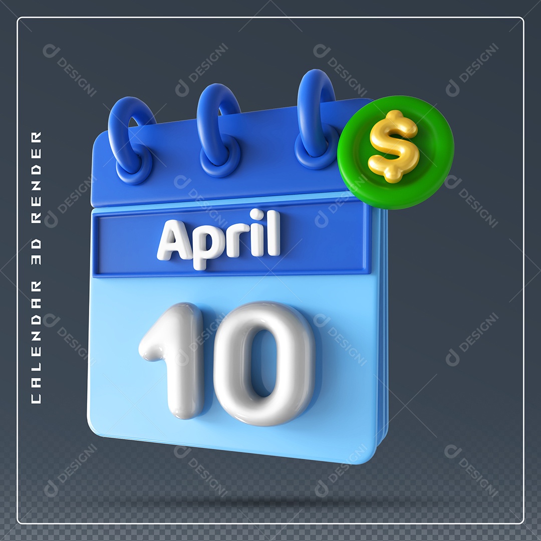 Elemento 3D Calendário Mês de Abril dia 10 Azul e Branco Para Composição PSD