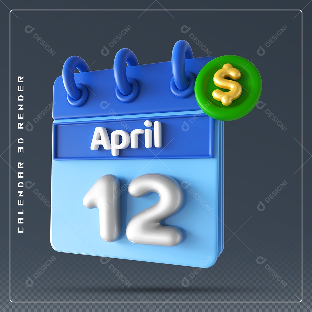 Elemento 3D Calendário Mês de Abril dia 12 Azul e Branco Para Composição PSD