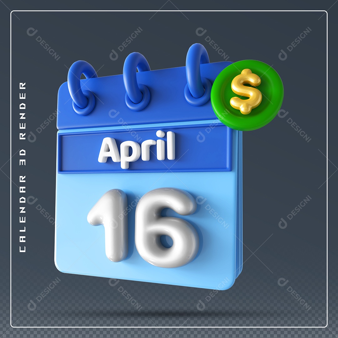 Elemento 3D Calendário Mês de Abril dia 16 Azul e Branco Para Composição PSD