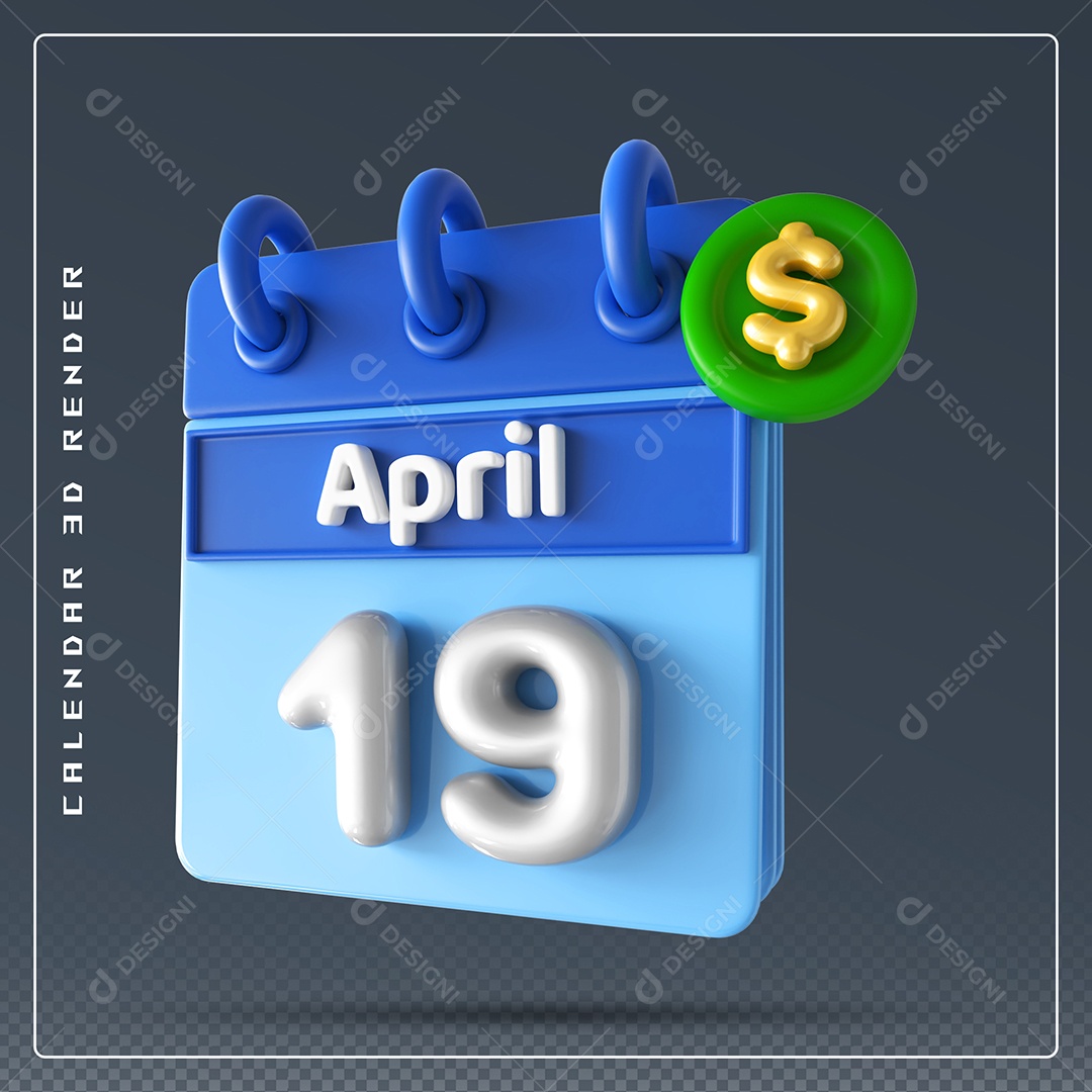 Elemento 3D Calendário Mês de Abril dia 19 Azul e Branco Para Composição PSD