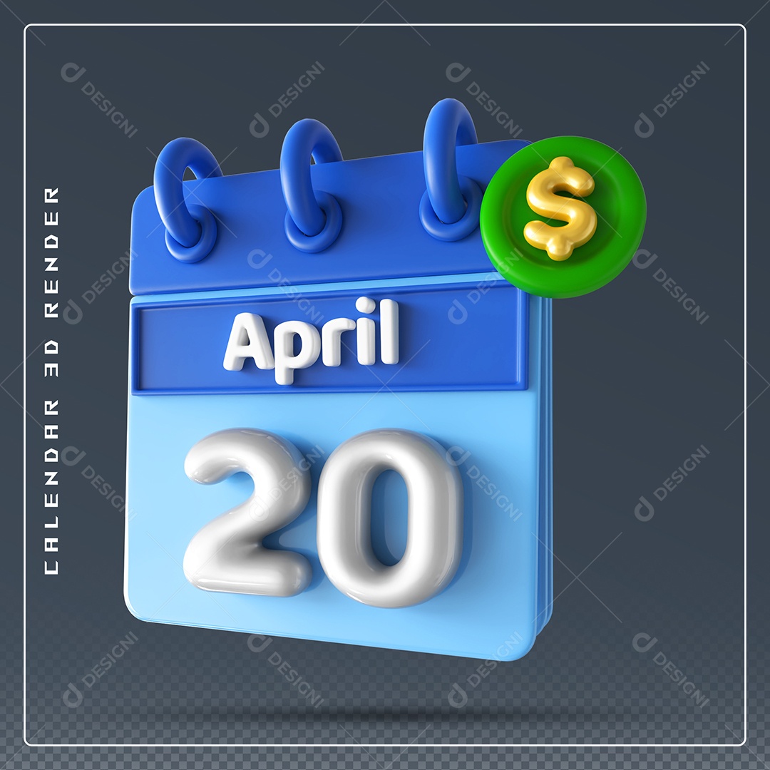 Elemento 3D Calendário Mês de Abril dia 20 Azul e Branco Para Composição PSD
