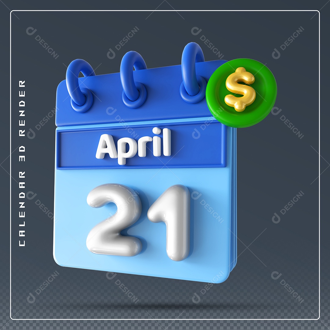 Elemento 3D Calendário Mês de Abril dia 21  Azul e Branco Para Composição PSD