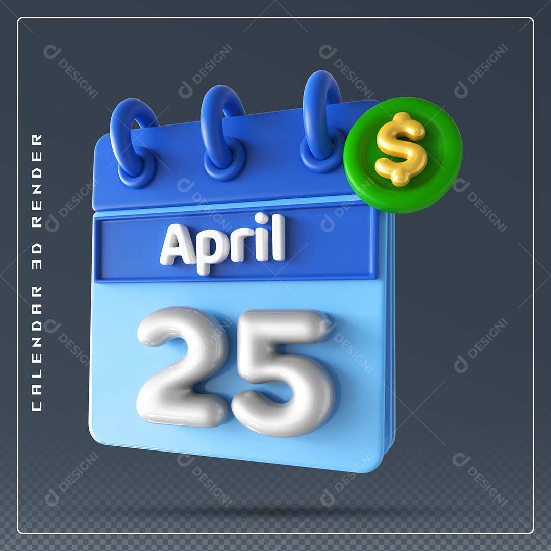 Elemento 3D Calendário Mês de Abril dia 25 Azul e Branco Para Composição PSD