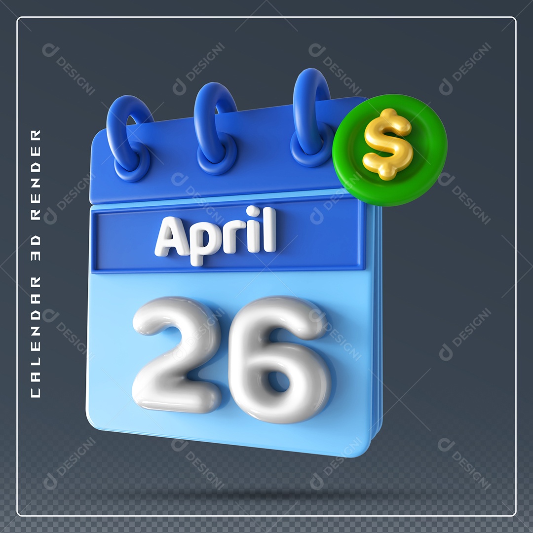 Elemento 3D Calendário Mês de Abril dia 26 Azul e Branco Para Composição PSD