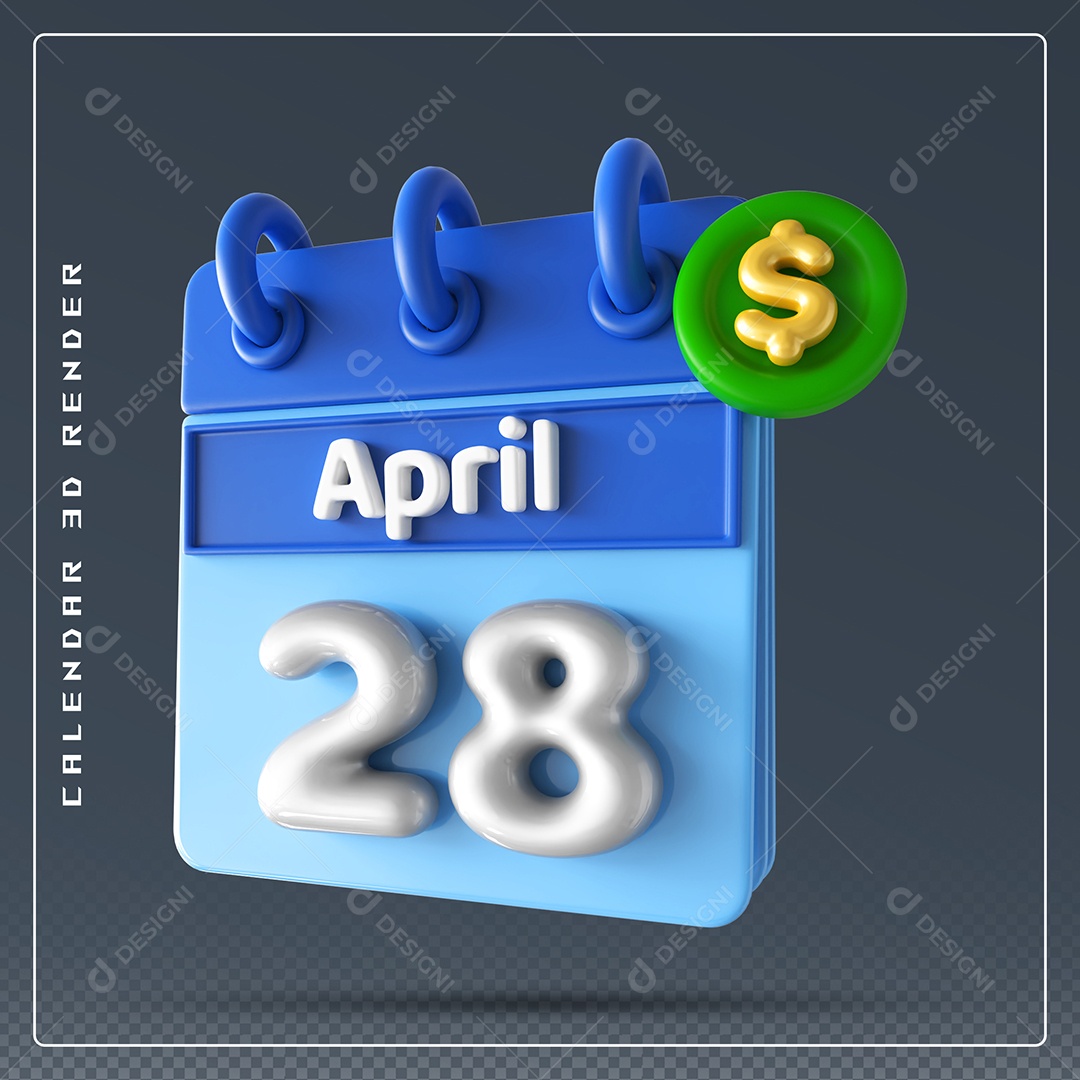 Elemento 3D Calendário Mês de Abril dia 28 Azul e Branco Para Composição PSD